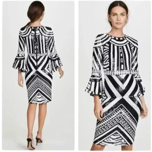NWT Alice + Olivia Jae Sequin Fitted Cocktail Gown Dress Size 4 Black White - Picture 1 of 14